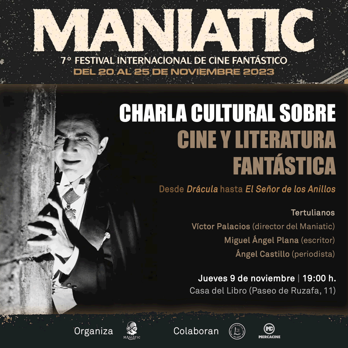 Os invitamos hoy jueves 9 de noviembre a la charla cultural sobre cine y literatura fantástica que ofrecemos a las 19:00 en Casa del Libro (Paseo de Ruzafa, 11). Acceso gratuito hasta completar aforo. Actividad prefestival con la colaboración de <a href="/casadellibro/">Casa del Libro</a> y <a href="/mercacine/">Mercacine</a> 🎬📚😃