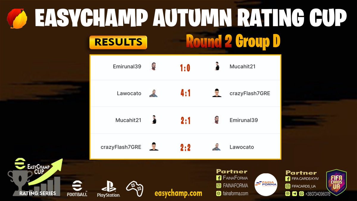 🍂 EasyChamp Autumn Rating Cup🏆  

🎮 Results of the matches of the second matchday of the Autumn Rating Cup. 

🔘 Group A
🔘 Group B
🔘 Group C
🔘 Group D

📲 easychamp.com

<a href="/EasyChampeSport/">EasyChamp Esports</a> 
<a href="/play_eFootball/">eFootball</a>  

#eFootball2024