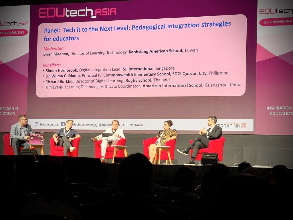 🇹🇼🇸🇬🇹🇭🇵🇭🇨🇳
Enjoyed being part of an @EduTech_Asia panel conversation on successful technology integration, and what that can look like. Fun connecting and collaborating with @binarydaze, @EdTechSi, Dr. Wilma Manio, and Rich Burkhill.
#EduTechAsia #AISGZ