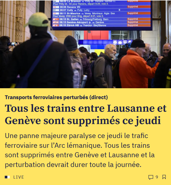 Encore et toujours: l'absence de vrai tronçon ferroviaire alternatif entre Lausanne et Genève est un réel problème.
=> Il nous faut une nouvelle voie ferroviaire, et non uniquement de petits "pansements" comme proposé par le Conseil fédéral.
