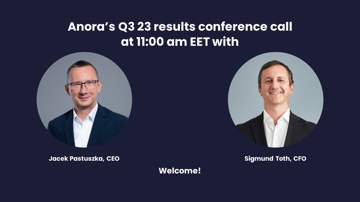 Join our online meeting today at 11:00 am EET to hear CEO Jacek Pastuszka and CFO Sigmund Toth discuss Anora’s Q3 2023 results – more information at anora.com/en/publication… #AnoraIR