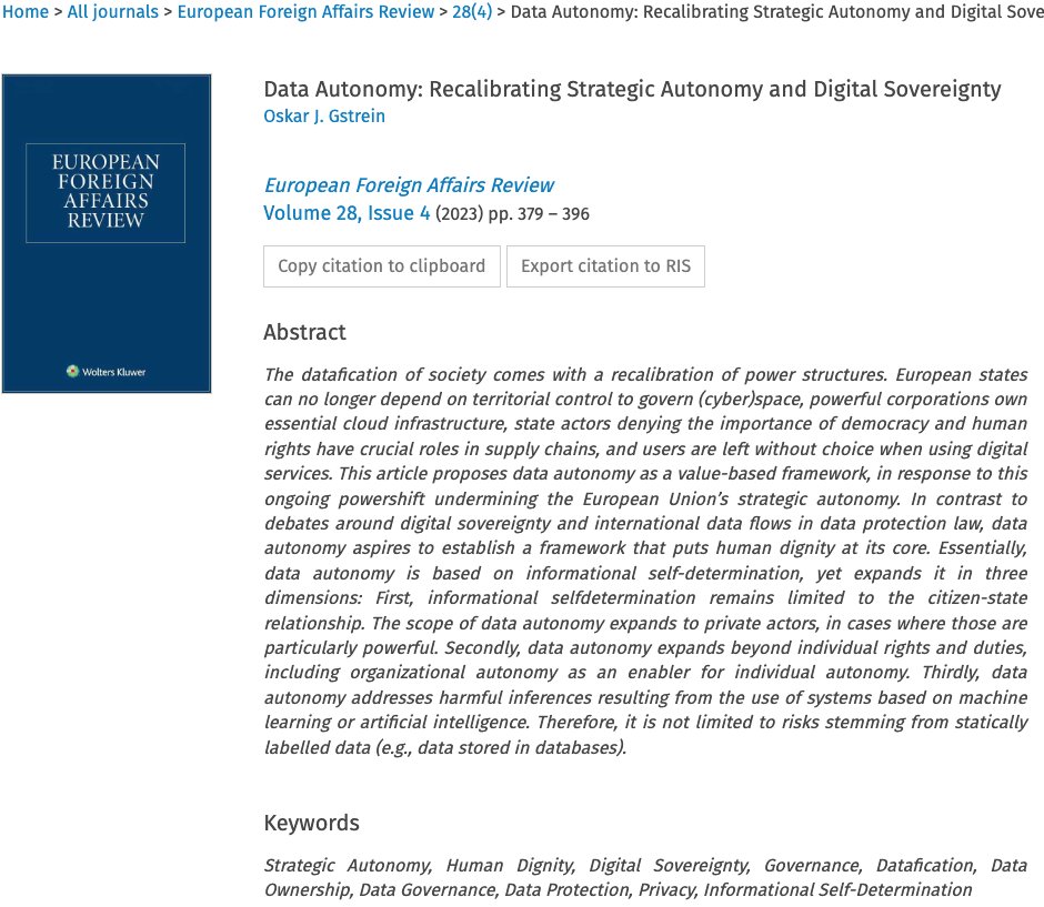 🌐 🆕 With datafication power dynamics shift. This new articles explores 'data autonomy' as response, focusing on #HumanDignity. It goes beyond traditional debates on #DigitalSovereignty, encompassing private actors, organizational autonomy & addresses AI-driven risks. 📊💼