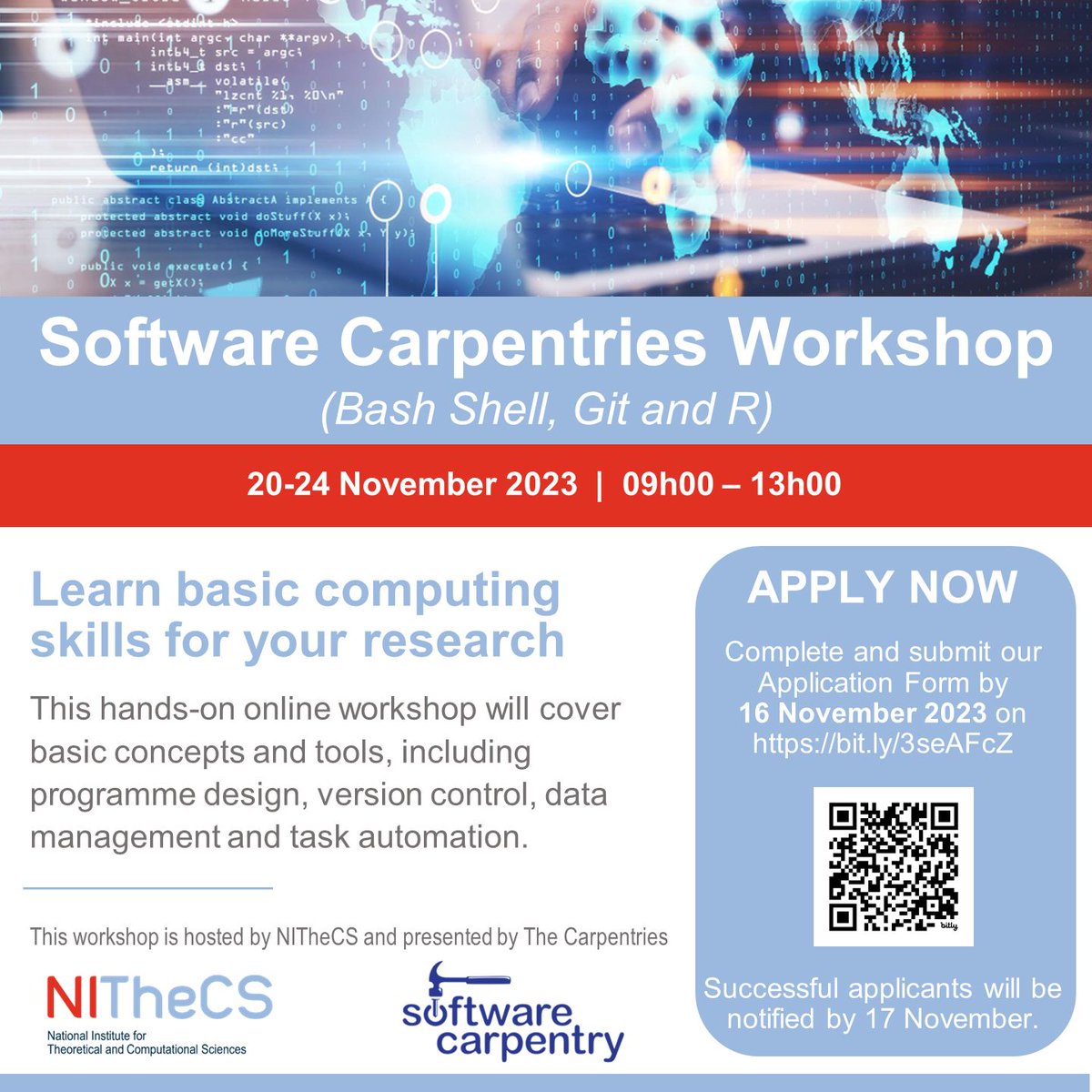 NITheCS's tweet image. Software Carpentry Workshop: 20-24 Nov 2023 @ 09h00 - 13h00 SAST. Learn the computing skills that will help you with your research at this free online workshop covering Bash Shell, Git and R. Apply now, as places are limited. buff.ly/3sqmXnc #software #unixshell #git