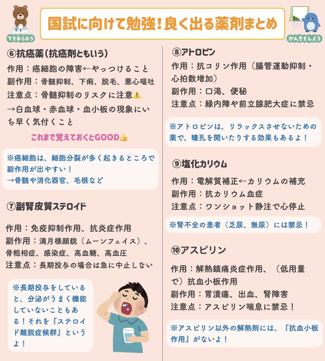 byoutenlab's tweet photo. ケータイを見ながら国試勉強👀

看護師国家試験まであと93日！！！
（こちらは毎年バズる人気投稿です。 ）

複雑で覚えにくい「頻出薬剤」をまとました💊
RTか保存をして、しっかり見直せるようにしてくださいね！
  #看護学生 #看護学生と繋がりたい https://t.co/rtotc3Rk3I