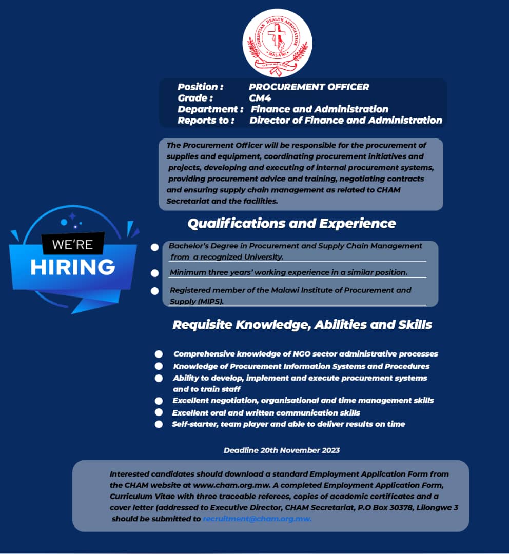 CHAMalawi's tweet photo. CHAM is hiring a Procurement Officer . For more information visit our website: https://t.co/R2Bao5kUKT https://t.co/C5QhAyGdPY