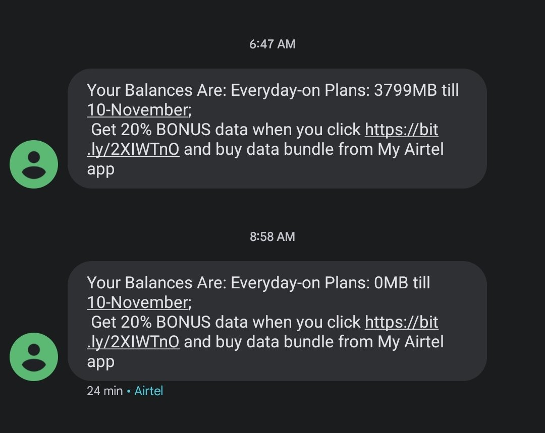 orakuul's tweet photo. @AirtelNigeria please come and explain to me how I used 4gb in 2 hours without downloading anything 😂 my phone usage shows I have only used 1gb, where did the remaining go. Your customer care rep is telling me I've used 9gb today 🤣 howwww? https://t.co/9MEsKmh8Z8