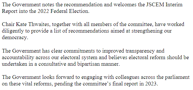 Tantusar's tweet photo. Oh hey, new #JSCEM news! ...It's just a four sentence government response to the interim report from back in June. Doesn't even really say anything. Going back to waiting for the report proper. :| #auspol https://t.co/rAKNnS8ged