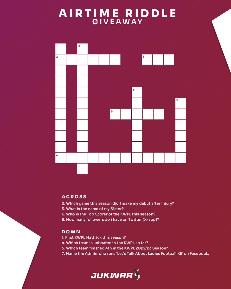 Calling all crossword enthusiasts! 

Put your KWPL knowledge to the test and complete this exciting crossword puzzle for a chance to win free airtime! 

#FootballKE #JukwaaSports #LetsTalkLadiesFootball