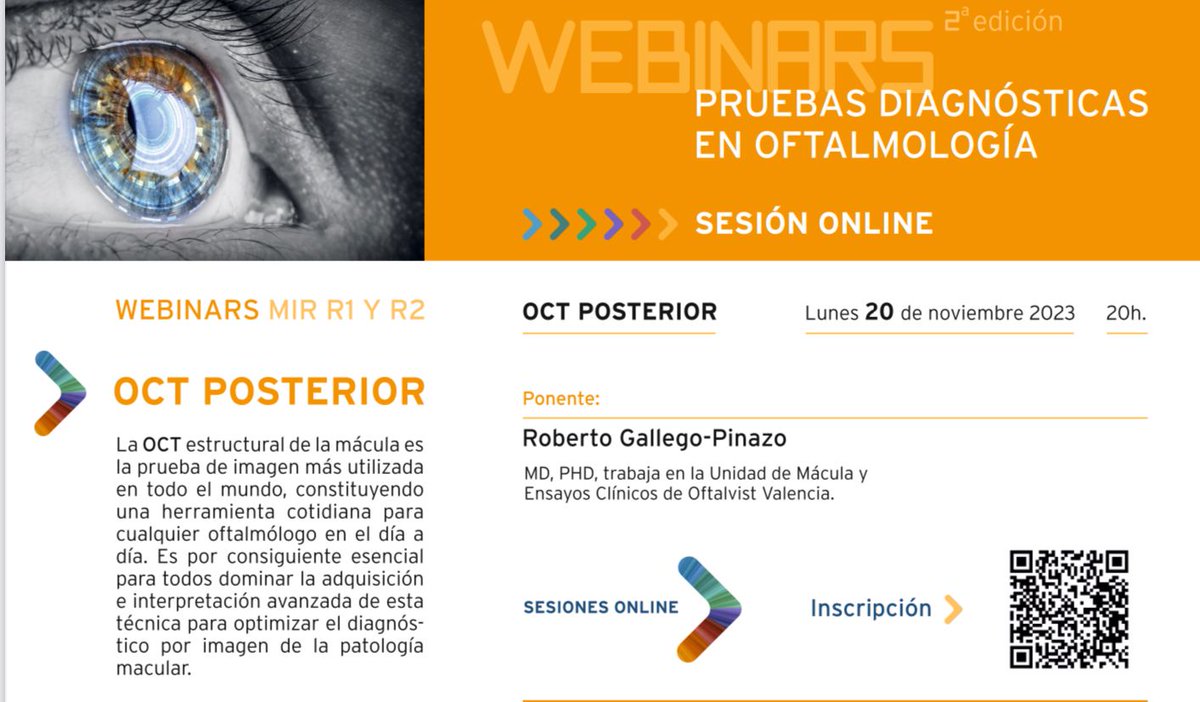 farmamixvision's tweet image. 🔵 𝐖𝐞𝐛𝐢𝐧𝐚𝐫 𝐅𝐚𝐫𝐦𝐚𝐦𝐢𝐱 | El próximo 20 de noviembre a las 20.00h el Dr. Roberto Gallego impartirá una sesión sobre interpretación de pruebas diagnósticas: OCT POSTERIOR

¡Te esperamos!

ℹ Inscripción: escaneando el QR

#NuevoWebinar #OCTPosterior #FarmamixVision