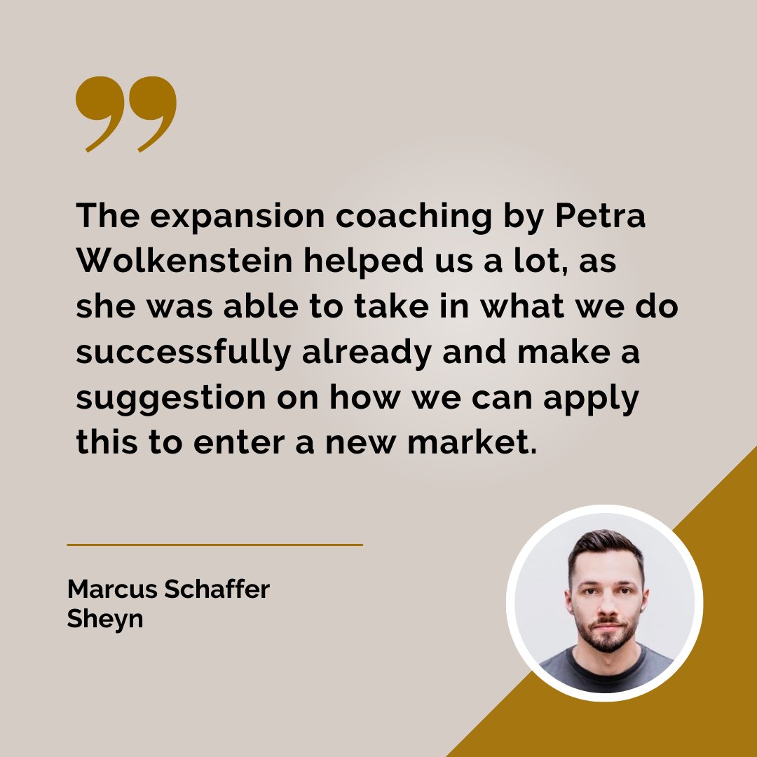 “The expansion coaching by Petra Wolkenstein helped us a lot, as she was able to take in what we do successfully already and make a suggestion on how we can apply this to enter a new market.”

Market Schaffer
Sheyn

🙌 konsultori.com/en/go-to-marke…
#testimonial #expansion
