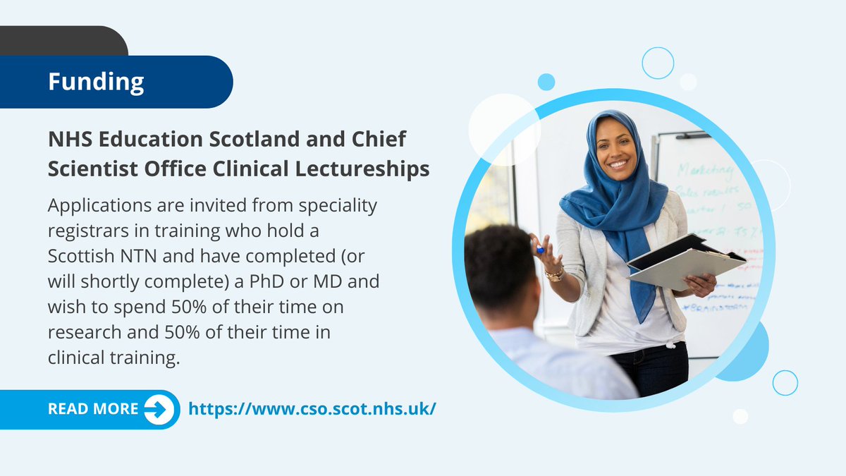NHSResearchScot's tweet photo. The next round of the joint @NHS_Education and @CSO_Scotland lectureship scheme is open for applications.

The deadline for applications is 5pm on Wednesday 31 January, 2024.

Apply now 👉 https://t.co/nrOoWuK6w8 https://t.co/zanM24Sf2v