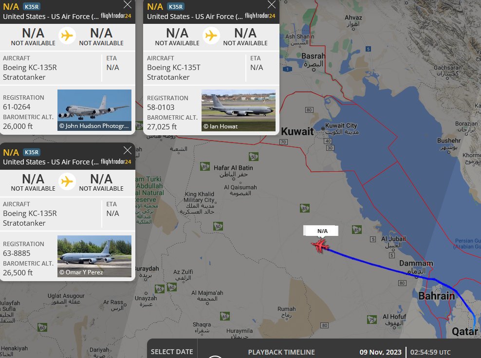 SirListenalot's tweet photo. #KC135's #AE025E #AE0393 #AE0592 as #PYTHN73-75 on a round trip out of Al Udeid, seen prior (0255z) & after (0500z) AR with #E4 #ADFEB3 #TITAN25 https://t.co/zW3fdrrduo
