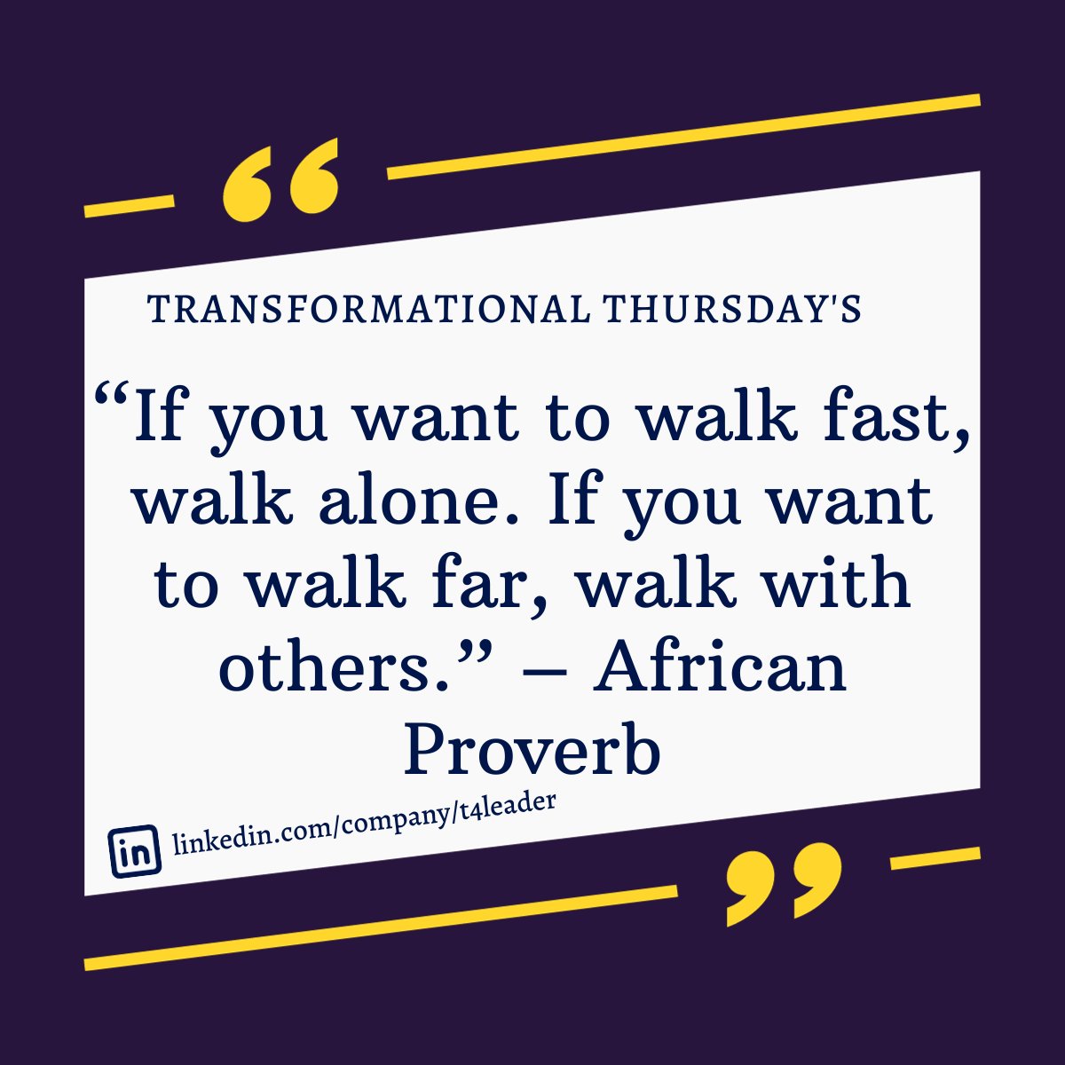 🌟 Take a step towards transformation this #TransformationalThursday with @T4Leaders! 🚶‍♂️🚶‍♀️
 'If you want to walk fast, walk alone. If you want to walk far, walk with others.' - African Proverb 🚀
 Learn more at t4leader.com.

#ThursdayMotivation #leadership #TestBuds…