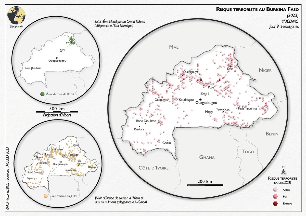AbPictoris's tweet photo. #30DayMapChallenge
Jour 9 : Hexagones
🗺 Risque terroriste au Burkina Faso (2023)
Source principale : ACLED, 2023
Réalisée avec QGIS et Illustrator
#30DMC #BurkinaFaso #map https://t.co/VeeBvMN7Fu