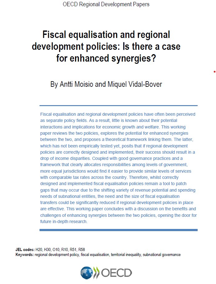 Happy to publish today an OECD Regional Development Working Paper presenting the first conceptual framework on the synergies between fiscal equalisation and regional development policies, co-authored with <a href="/moisionantti/">Antti Moisio</a>.  

doi.org/10.1787/0d28a8… 

<a href="/OECD/">OECD ➡️ Better Policies for Better Lives</a> <a href="/OECD_local/">OECD SMEs, Regions, Cities & Tourism</a> <a href="/AllainDupre/">Dorothée Allain-Dupré</a>