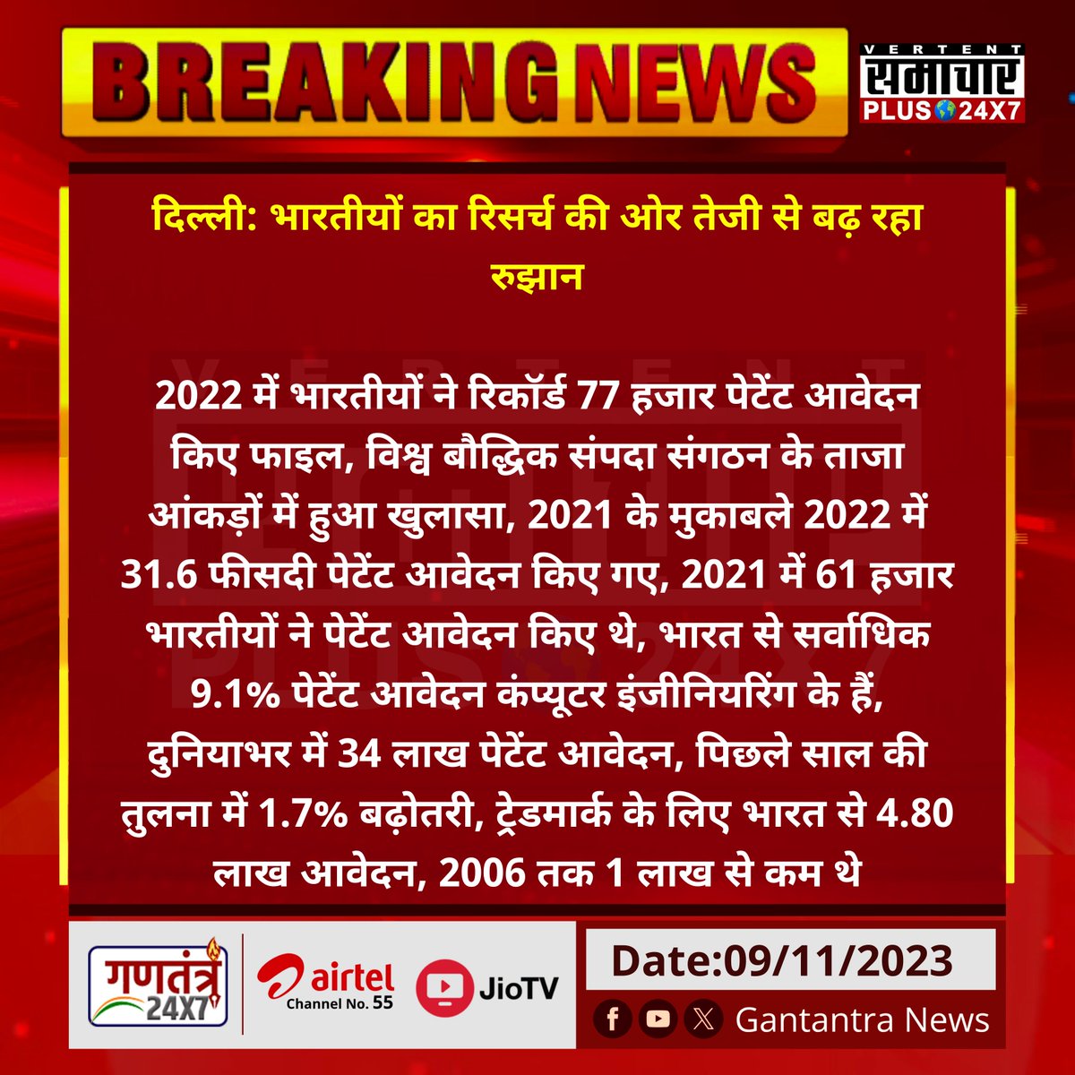 दिल्ली: भारतीयों का रिसर्च की ओर तेजी से बढ़ रहा रुझान

2022 में भारतीयों ने रिकॉर्ड 77 हजार पेटेंट आवेदन किए फाइल...
#Delhi #GantantraNews #Research #Indian_Research #WIPO #placement #Computerengineering