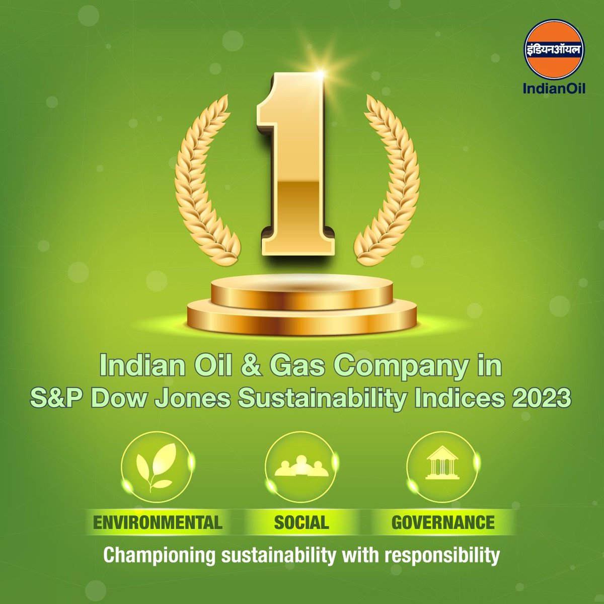 Delighted to share that #IndianOil is ranked as India’s #1 oil & gas company in S&P Dow Jones Sustainability Indices 2023. Setting new benchmarks, we are committed to fostering the highest standards of environmental, social & governance in our business. #ESGLeadership