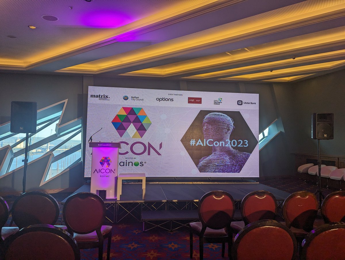 AiCon2024's tweet photo. The stages are set and delegates are arriving for #AICON2023. Tom Gray from our wonderful hosts @KainosSoftware will be here to kick us off soon. 🥳🚀 https://t.co/rwJmXLtaGo