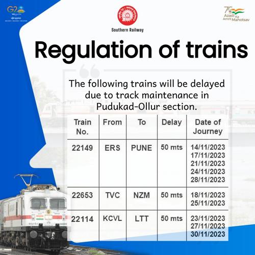drm_tvc's tweet image. Passengers please note, following trains will be delayed due to track maintenance in Pudukad-Ollur section.

Regret inconvenience caused to passengers
#SouthernRailway #IndianRailways #TrackMaintenance #Delay