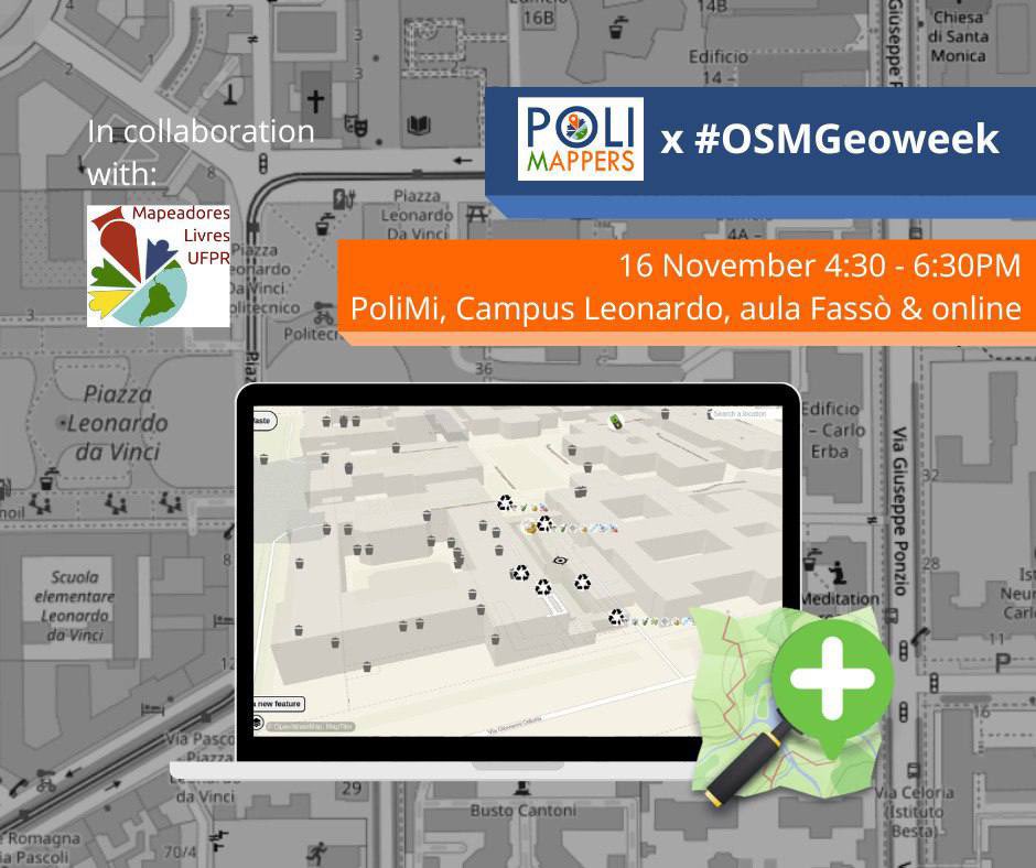 PoliMappers's tweet image. It’s #osmgeoweek time! Thursday, November 16th, from 16:30 we are going to have the mapping event PoliMappersXOSMgeoweek. The event will be mixed, in presence at Politecnico di Milano and online in a call.

@youthmappers #youthmappers #gischat