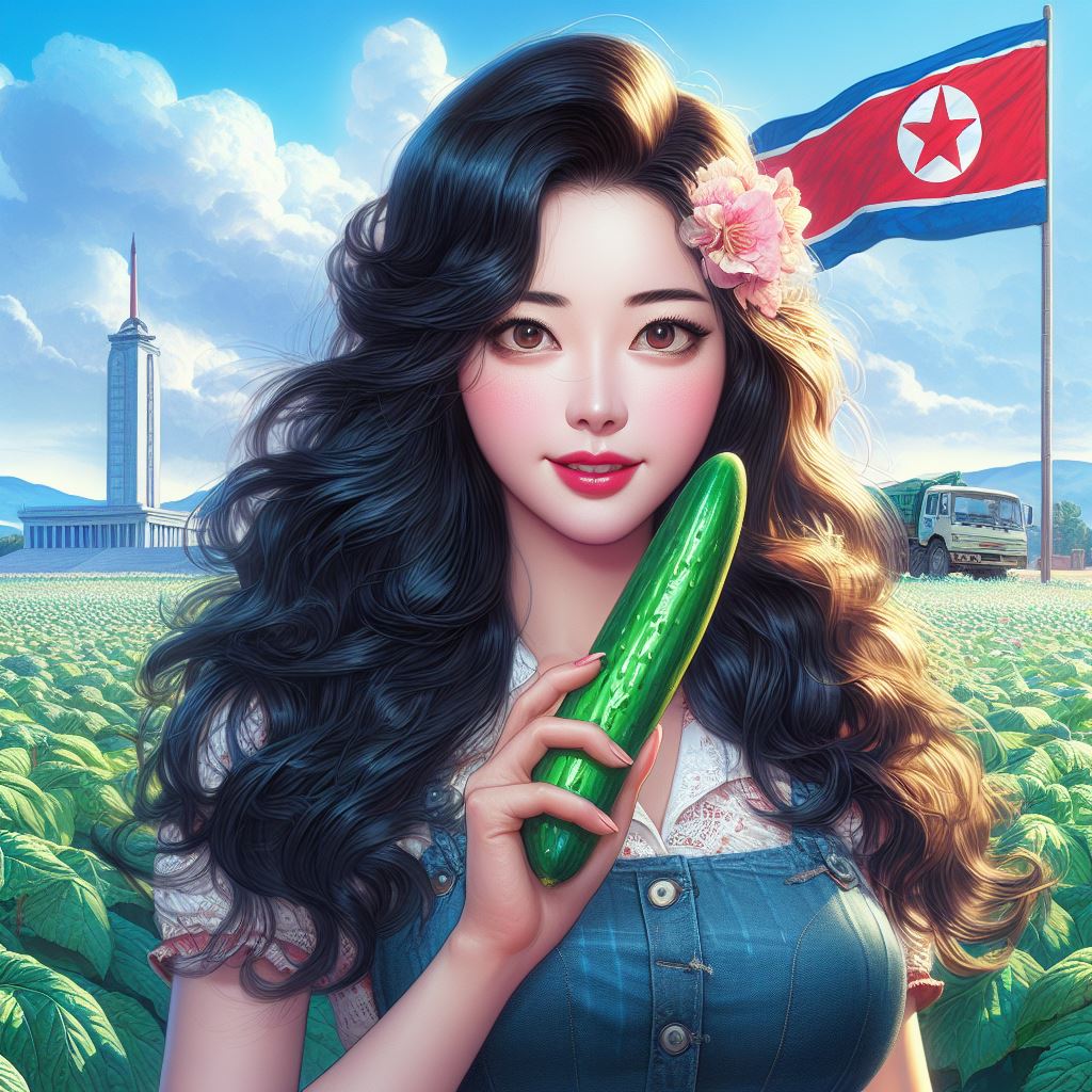 HeatHubNews's tweet photo. #AIArtworks #DALLE3 #painting #NorthKorea #female #farming #asian #propaganda #dprk #Scenery #cucumber #face #girl #pretty #beautifulgirl https://t.co/vgJ9mMZ07w