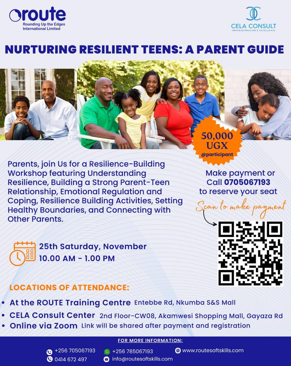 routesoftskills's tweet photo. 📣PARENRTS📣 

Join ROUTE International Limited for a Parents Workshop! Equip yourself with valuable skills and insights to raise resilient teenagers, strengthen your parent-teen relationship, and navigate the challenges of adolescence.

Contact Us:
📞 0705067193 or 0785067193 https://t.co/ZbMxamt0Uf