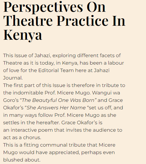 🌐✨ Download your FREE copy of Jahazi Journal Vol 11, Issue 1, and explore "Perspectives on Theatre Practice in Kenya." 🎭📲
jahazi.co.ke