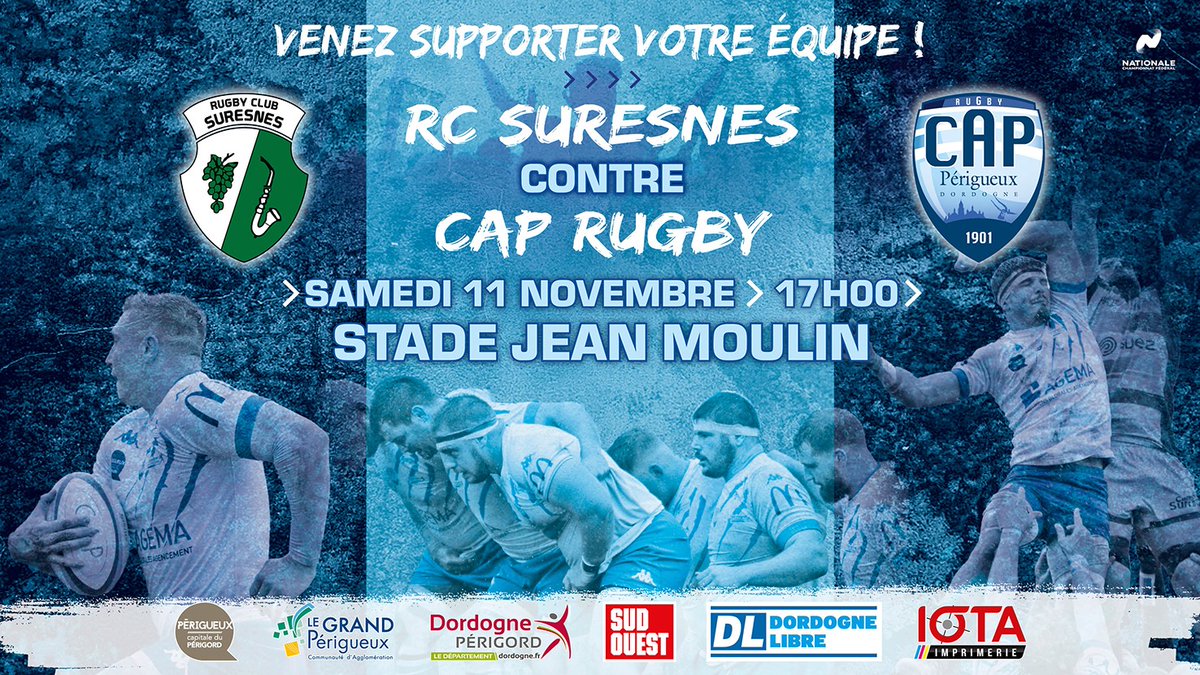 🏉 SURESNES - CAP 🏉
Quatrième match à l'extérieur ce samedi pour nos capistes. 
Déplacement à #Suresnes pour cette 10ème journée de championnat.  
Samedi 11 novembre 
Stade Jean Moulin 
Coup d'envoi à 17h  
#Gocap #Rugby #Nat1 #Perigueux #Dordogne
