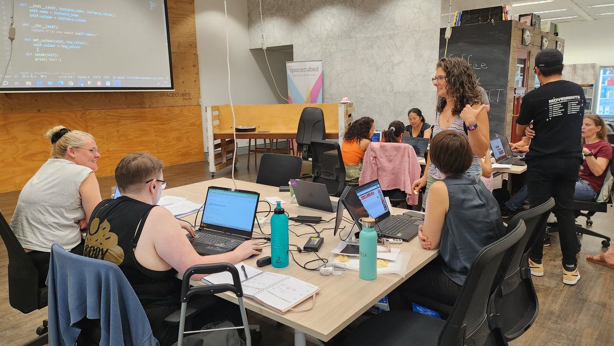 The @shecodesaus Plus cohort in #Perth are in their final week of learning Python! 🐍 This week, the cohort got to engage in lightning talks, and heard from program mentors who shared their own coding journeys and experiences in the tech industry. #womenintech #womeninSTEM