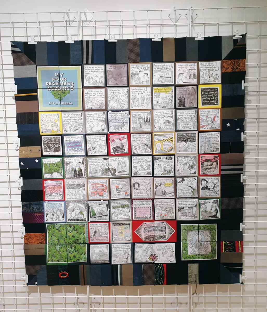 Emma_Shepley's tweet photo. New on display @QueerBritain - cartoonist David Shenton's  wonderful zine-quilt charting his relationship with husband John from 1995 to 2018 &amp; the personal impact of equal marriage legislation. 

It is a magnificent story-telling object - creative, funny, angry and sad... https://t.co/WciTLZxitf