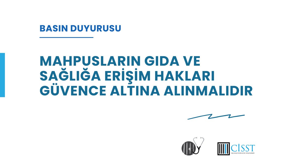 Mahpusların gıda ve sağlığa erişim haklarının güvence altına alınması için yaptığımız ortak basın duyurumuz.

Hapishanelerde mahpusların yaşam hakkı ve sağlığa erişim haklarının koruma altına alınması devletin yükümlülüğü altındadır.

Metnin tamamı için: cisst.org.tr/basin_duyurula…