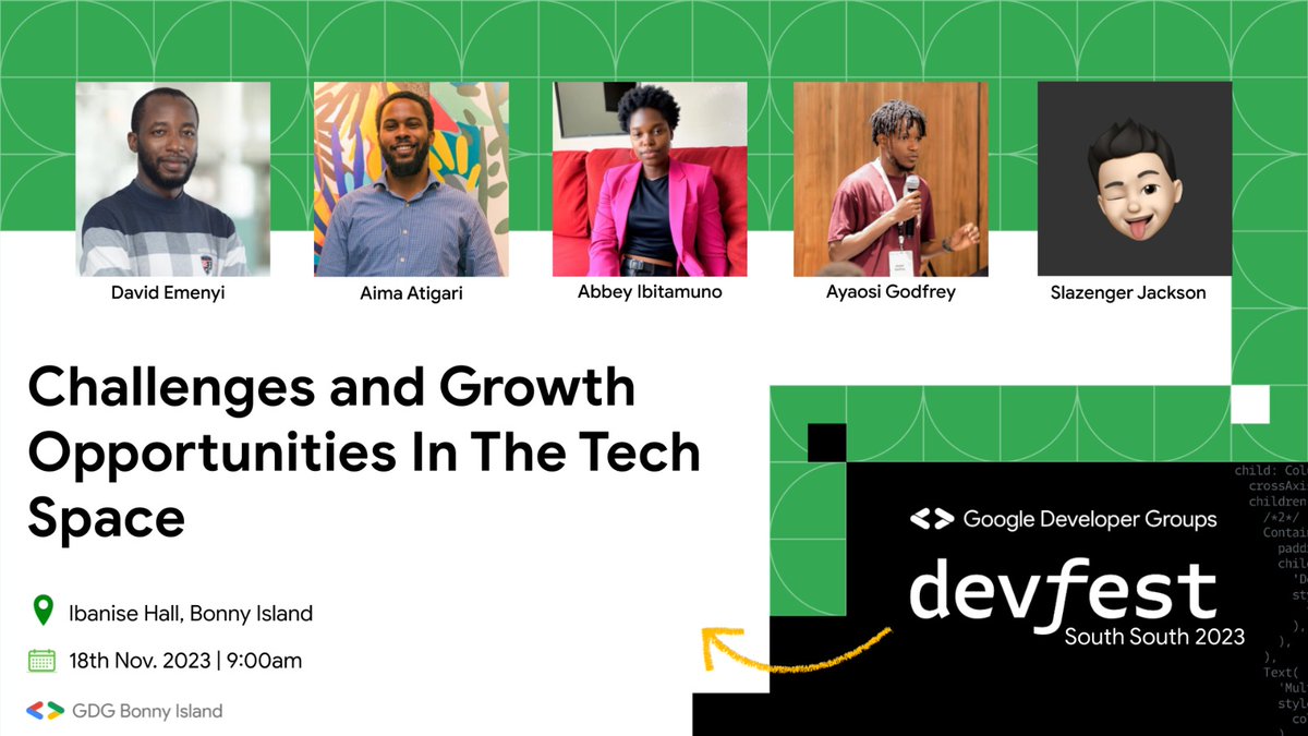 gdgbonny's tweet photo. Meet our Panelists @aimaatigari @ayaosigodfrey @slazenger_ux @DeeEmenyi and @ExcelAbbey001
for #DevFestSouthSouth2023_BonnyIsland
#DevFest
#DevFestSSA
#DevFestsouthsouth23
#GDGBonnyIsland
#DevFestBonny
#WTMDevFest
#WTMDevFestBreakfast
#WTMBonny https://t.co/ptTKaD5WeV