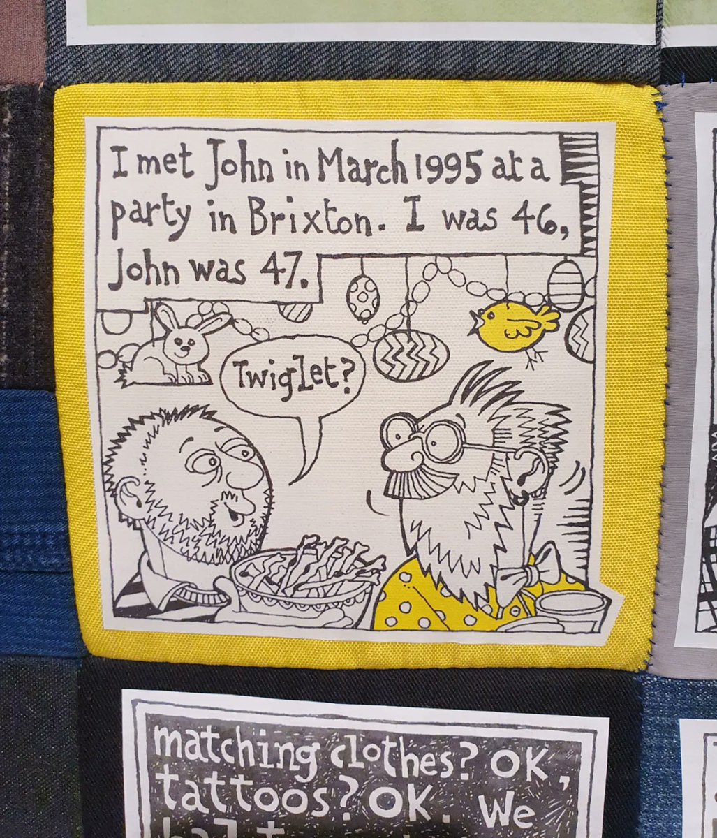 Emma_Shepley's tweet photo. New on display @QueerBritain - cartoonist David Shenton's  wonderful zine-quilt charting his relationship with husband John from 1995 to 2018 &amp; the personal impact of equal marriage legislation. 

It is a magnificent story-telling object - creative, funny, angry and sad... https://t.co/WciTLZxitf