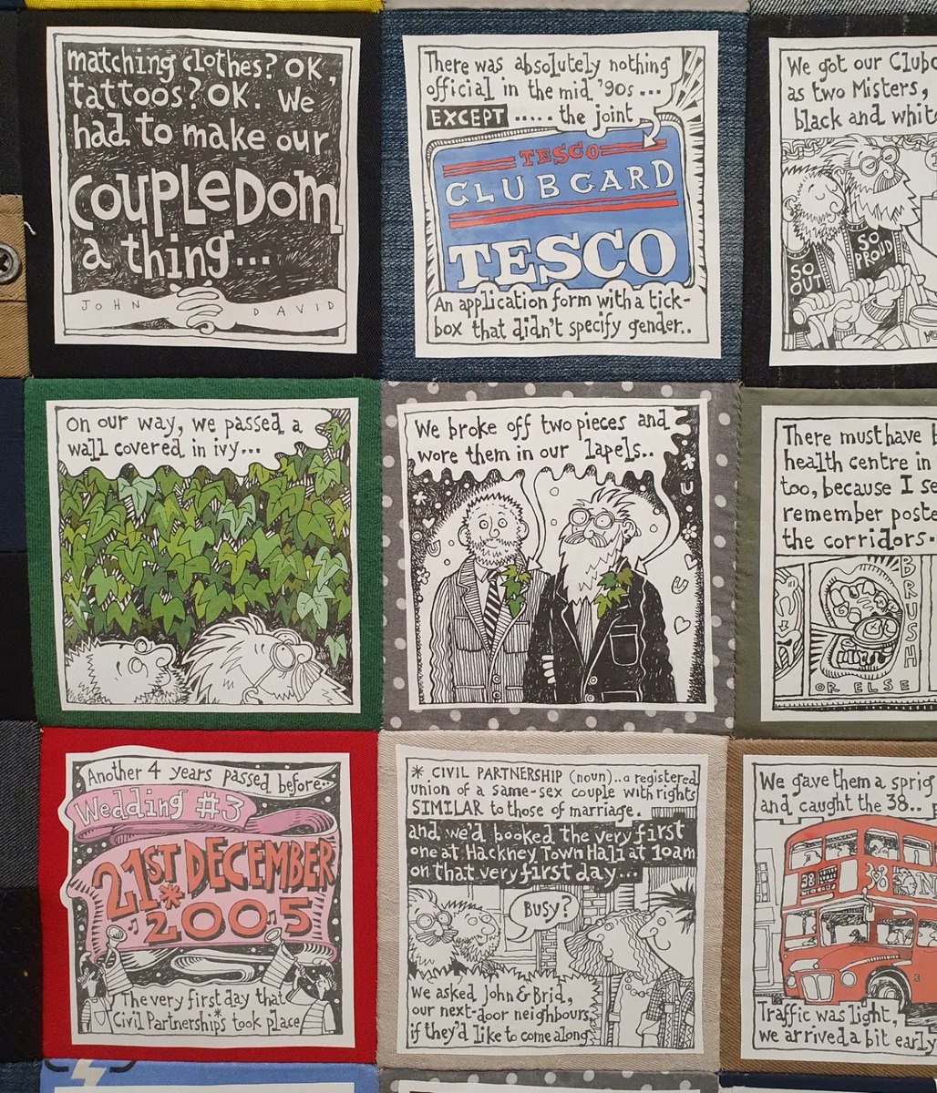 Emma_Shepley's tweet photo. New on display @QueerBritain - cartoonist David Shenton's  wonderful zine-quilt charting his relationship with husband John from 1995 to 2018 &amp; the personal impact of equal marriage legislation. 

It is a magnificent story-telling object - creative, funny, angry and sad... https://t.co/WciTLZxitf