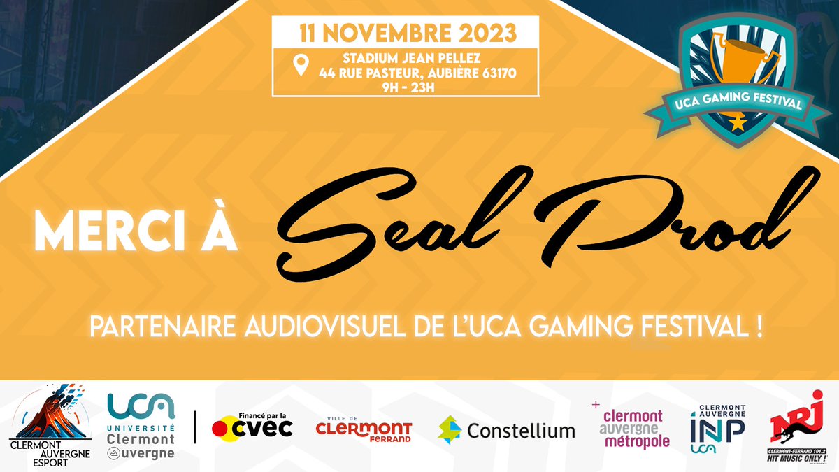 𝗣𝗮𝗿𝘁𝗲𝗻𝗮𝗶𝗿𝗲 🤝🏼

Un grand merci à Seal Prod de leur aide précieuse pour l'UCA Gaming Festival !

#UCAGF #Gaming #eSports #UCAgamingfestival #ClashRoyal #CR #Valorant #Valo #LOL #LeagueofLegend #SSBU #RL #RocketLeague #MK #MarioKart #TM #TrackMania