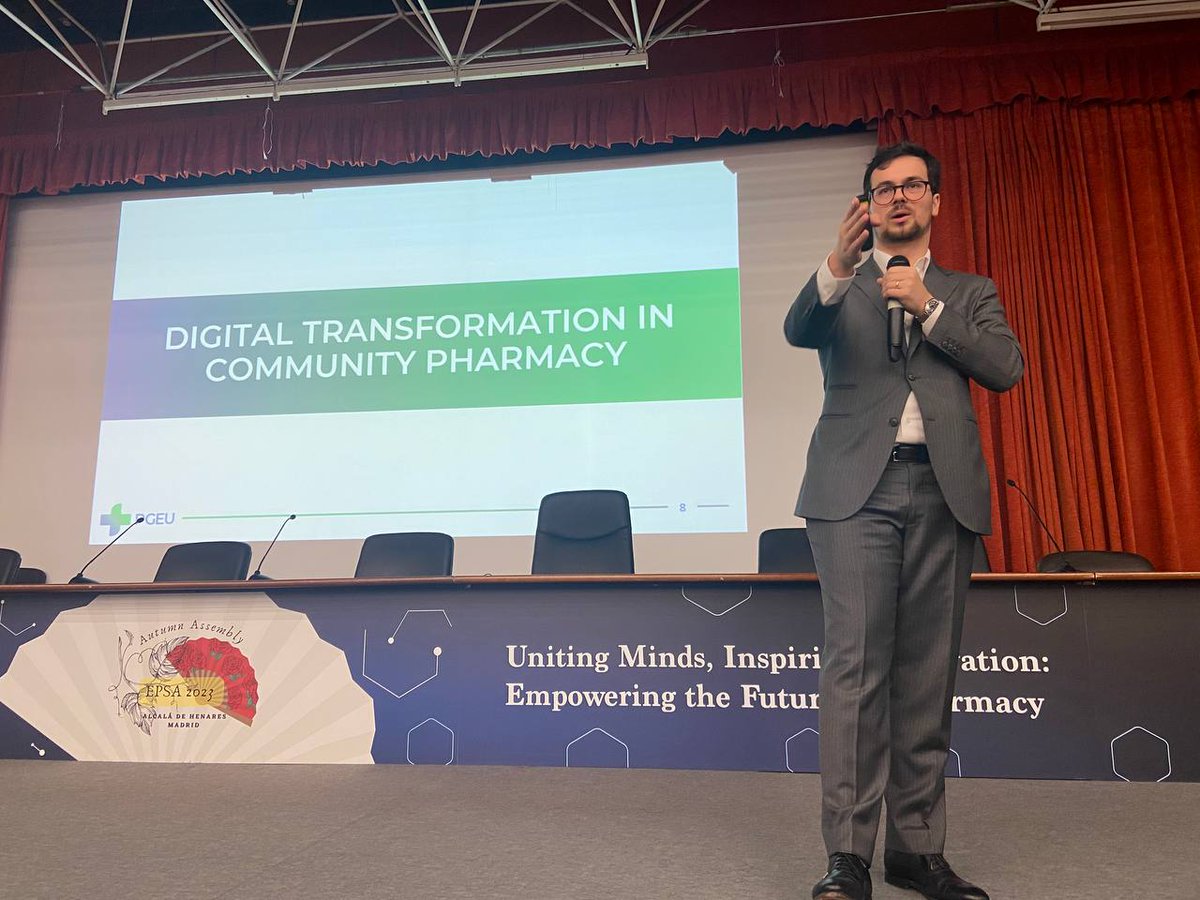 PGEU's tweet photo. @PGEU is present at the 19th @EPSA_Online Autumn Assembly in Alcalá de Henares, Madrid, and gave a presentation on Digital transformation in the community
pharmacy to about 400 participants, from more than 30 countries.
#EPSAAA23 #communitypharmacists
#pharmacy
#digitalisation https://t.co/R2iZX4Lz4P