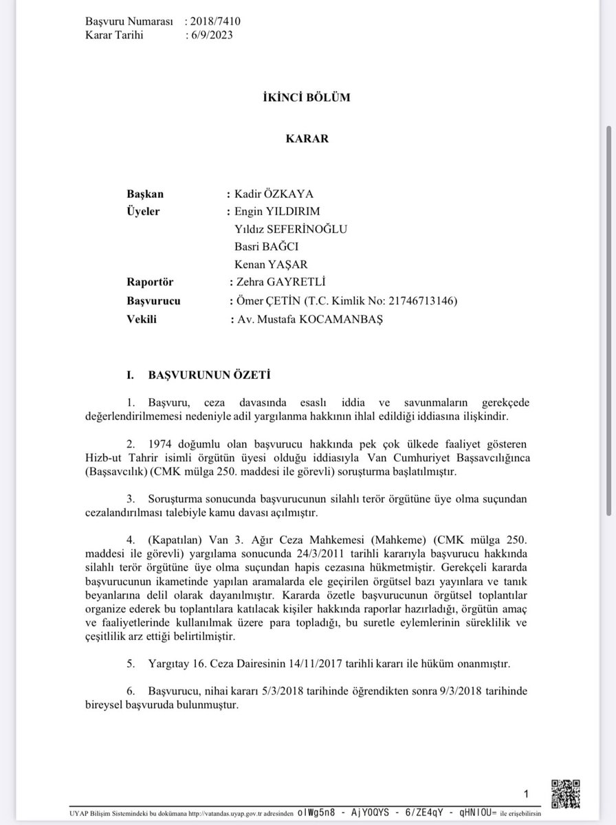 AYM'den HizbutTahrir hakkında bir ihlal kararı daha;

Artık Yargıtay 3. Ceza Dairesinin Hizbut Tahrir hakkında hak ve nesafet kuralları ile bağdaşır bir içtihat yapması gerekli,

✅ FETÖ kumpası olduğu ispatlı olan içtihatlar üzerinden HizbutTahrir dosyaları yorumlanmamalı.