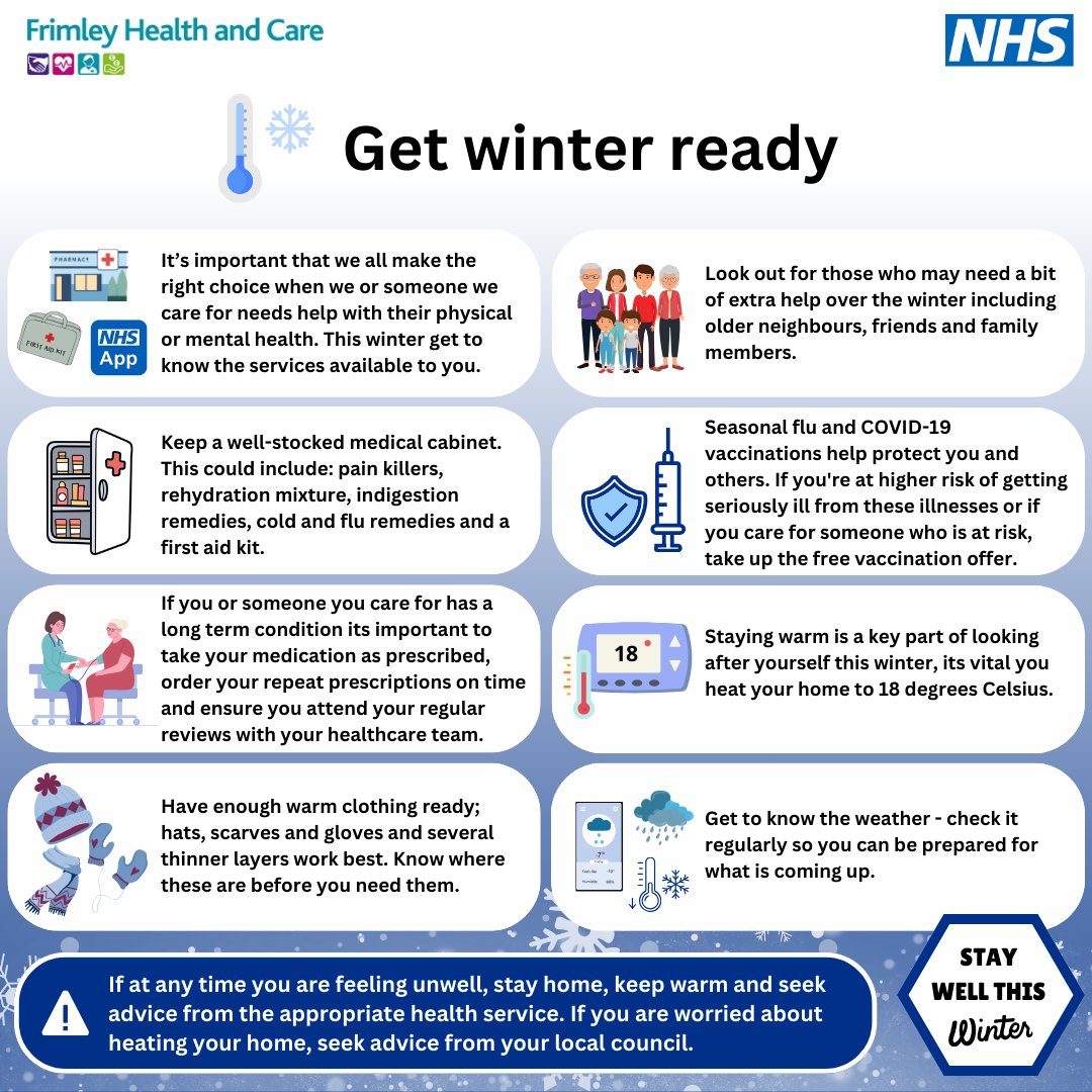 Winter is on the way, get ready with our top tips! Why not take a screenshot to keep this with you, and share it with your friends and family to help you all have a safe and healthy winter. Find out more information on our website frimleyhealthandcare.org.uk/your-health/st… #StayWellThisWinter