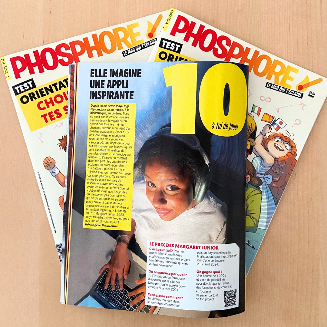 Dans le dernier n°<a href="/MagPhosphore/">Phosphore Mag</a>🗞, l’itw d’Inaya Yoga, Margaret Junior Europe 2023.  

📢L’occasion de lancer un appel aux jeunes filles canadiennes, européennes et africaines, âgées de 7-18 ans 👉 Candidatez maintenant sur joinjfd.com
#lesMargaret #ChampioningWomen