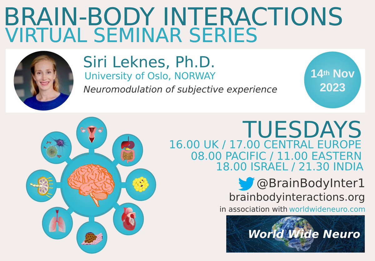How can we use cognitive, social and affective neuroscience methods to probe the hedonic brain? Next Tuesday @sirileknes will talk about 'Neuromodulation of subjective experience' 🧶 📅Tue, 14. Nov., 4 pm UK ➡️Register: crowdcast.io/c/brainbody-le…