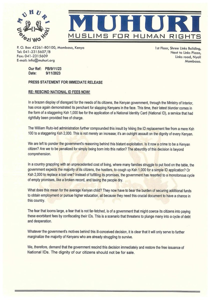 MUHURIkenya's tweet photo. PRESS STATEMENT

NATIONAL ID FEES

We are left to ponder the government's reasoning behind this blatant exploitation. Is it now a crime to be a Kenyan citizen? Are we to be penalized for simply being born into this nation? The absurdity of this decision is beyond comprehension. https://t.co/iFwye04vqi