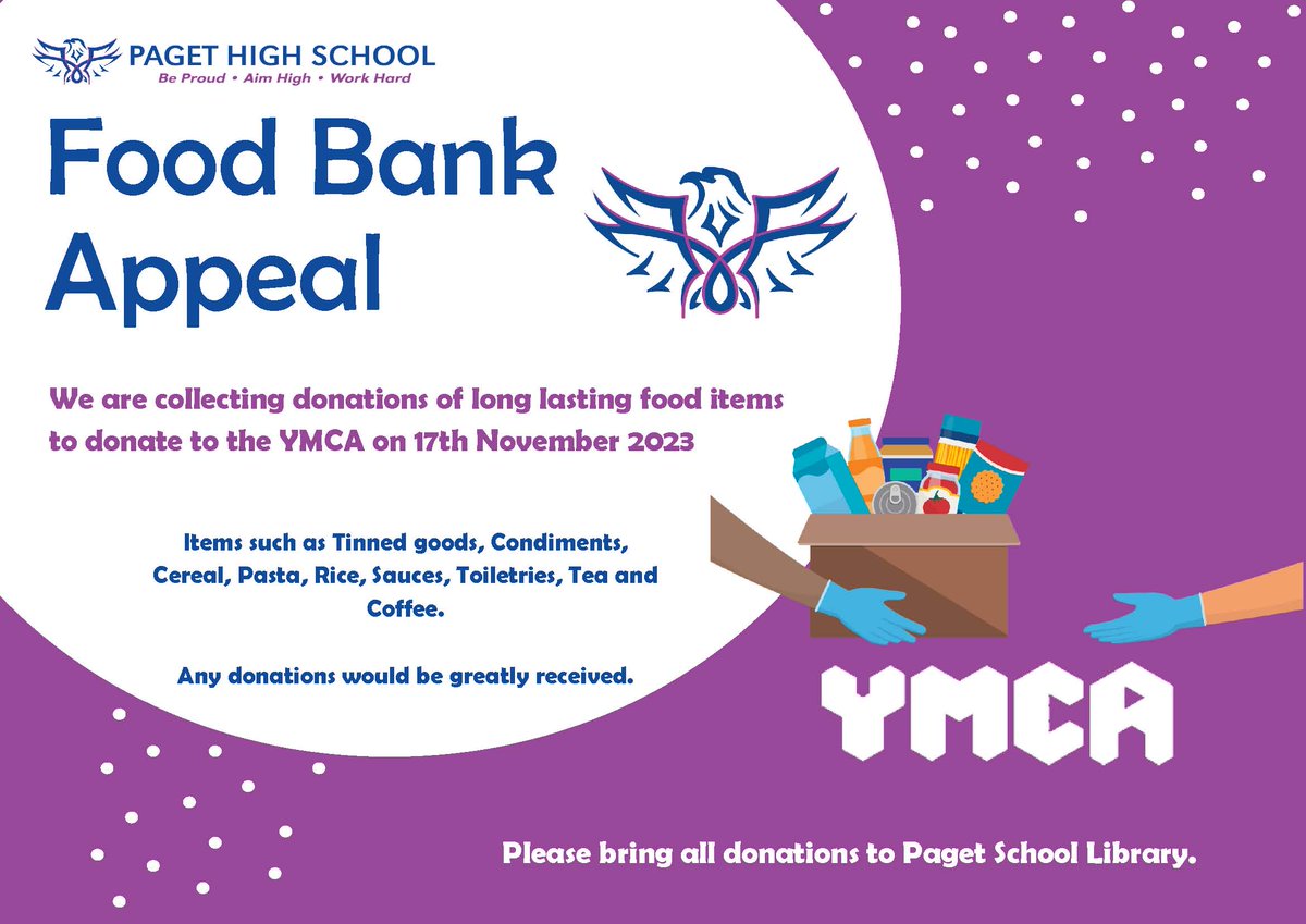 Food Bank Appeal

Here at Paget we will be collecting donations of long lasting food items to donate to the YMCA on Friday, 17th November 2023.