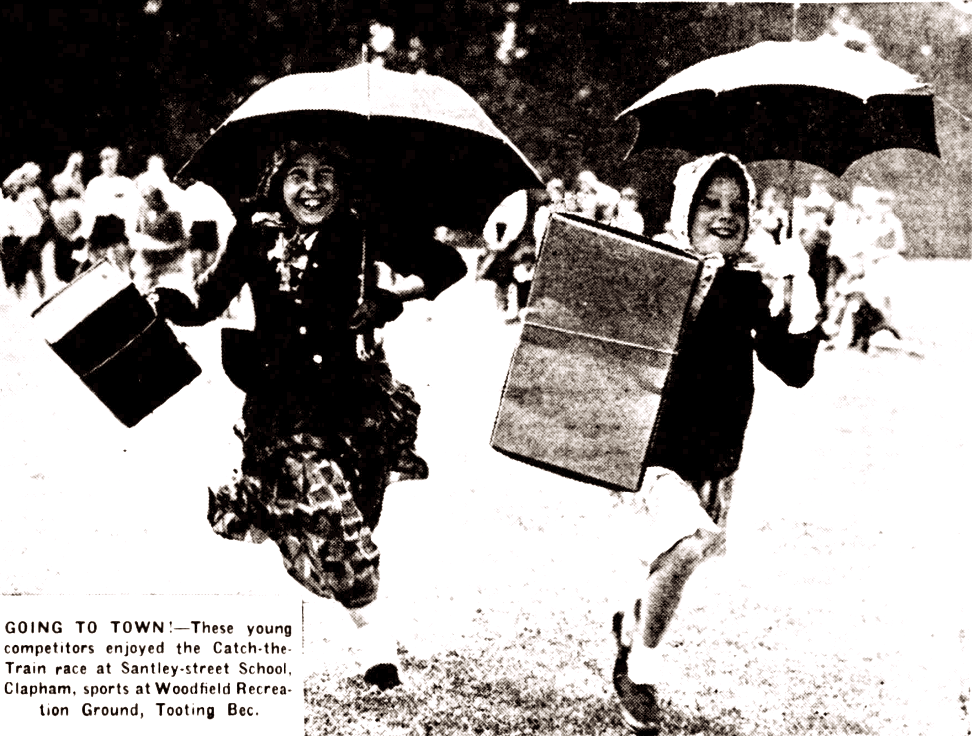 #ThrowbackThursday takes us back to June 1943 and a fabulous picture in the Streatham News 'Going to Town' in 'Catch the train race' the Santley Street School Clapham at their sports day at the Woodfield Recreation Ground #StreathamHistory #WoodfieldPavilion