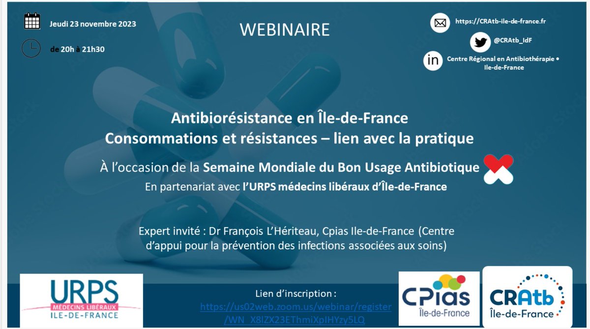 Bastien Mollo (@bastien_mollo) on Twitter photo A l'occasion de la semaine mondiale pour le Bon Usage des Antibiotiques #BUA, le prochain Webinaire du #CRAtb sera consacré aux données de consommations et résistances en Île-de-France.
En partenariat avec <a href="/urps_med_idf/">URPS Médecins Ile-de-France</a> et le #CPIas.
Jeudi 23 nov à 20h
➡️ us02web.zoom.us/webinar/regist… A l'occasion de la semaine mondiale pour le Bon Usage des Antibiotiques #BUA, le prochain Webinaire du #CRAtb sera consacré aux données de consommations et résistances en Île-de-France.
En partenariat avec <a href="/urps_med_idf/">URPS Médecins Ile-de-France</a> et le #CPIas.
Jeudi 23 nov à 20h
➡️ us02web.zoom.us/webinar/regist…