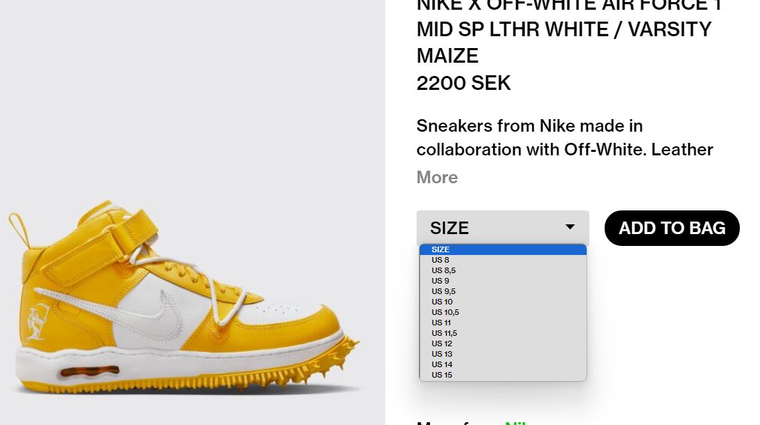 Size 10 - Nike Air Force 1 Mid SP x Off-White Varsity Maize *UNRELEASED