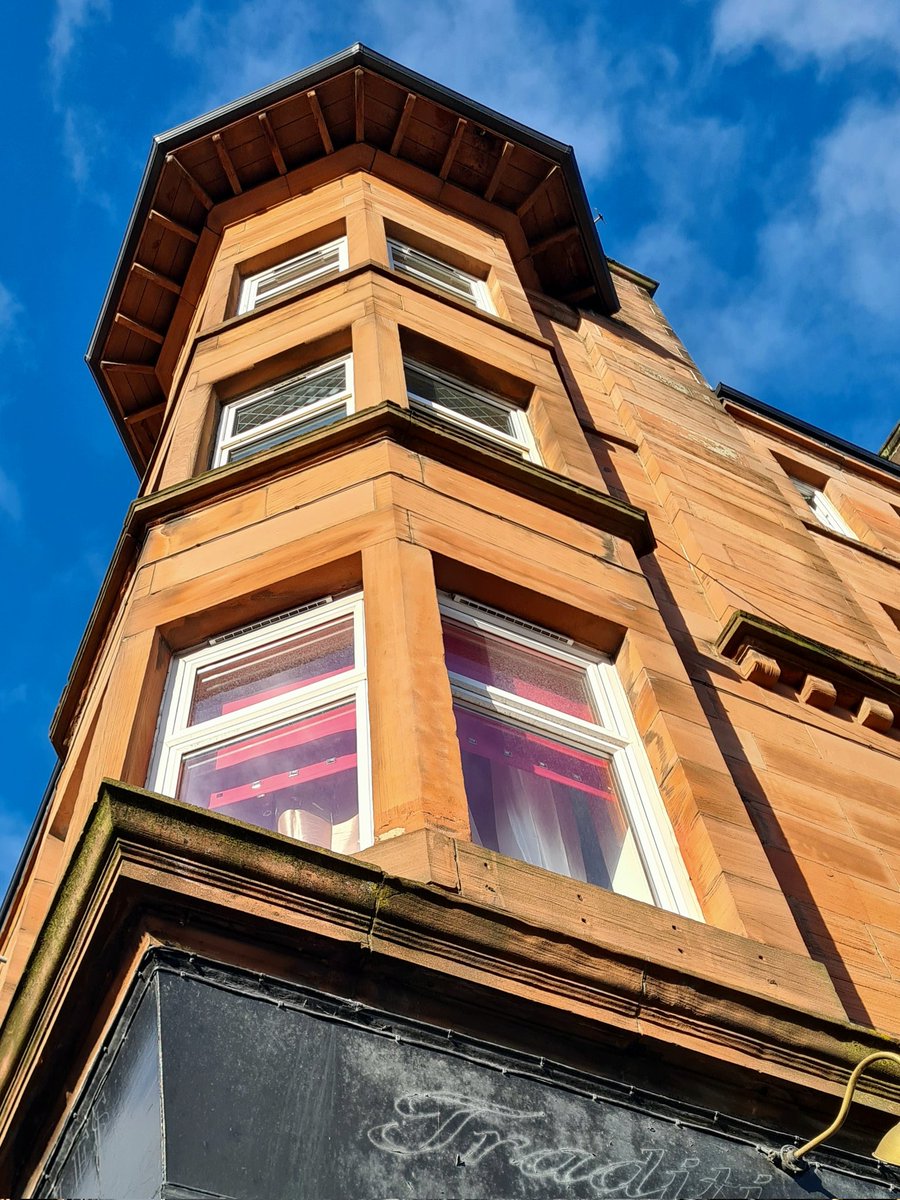 Looking up at an octagonal corner bay windows on a tenement on Maryhill Road in Glasgow.

#glasgow #architecture #baywindow #glasgowbuildings #maryhill #tenement #glasgowtenement