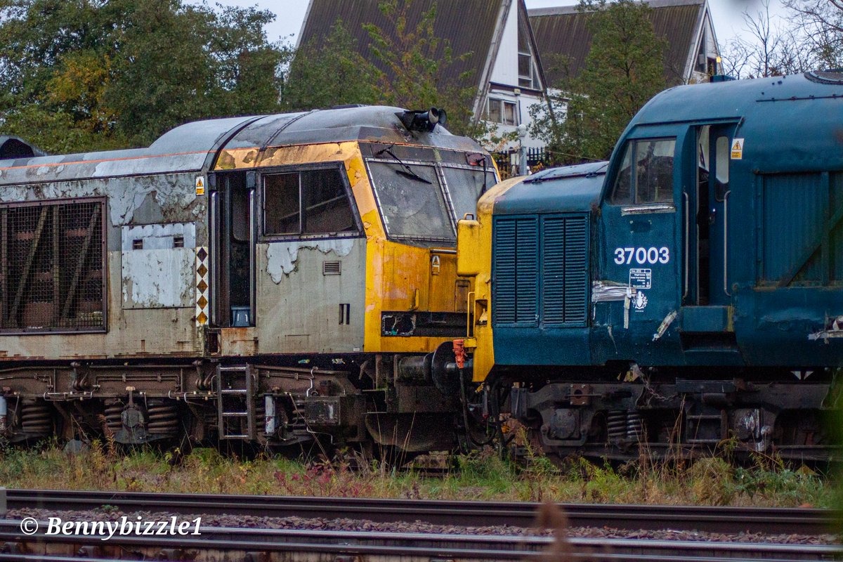 A sad sight at Leicester LIP but I love the details in the paintwork and bogie of 60060.
37003 has a brighter future I fear, the tug seemed to have lots of parts missing inside. 
#TractorThursday #TugThursday