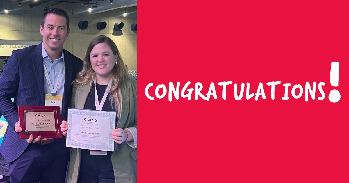Congratulations our researchers @TylerEMiller & @maraademartino for winning awards at the @sitcancer conference last weekend. These awards are testament to the pioneering research that both Tyler and Mara are doing to accelerate a cure for #BrainTumours! #Glioblastoma #SITC23