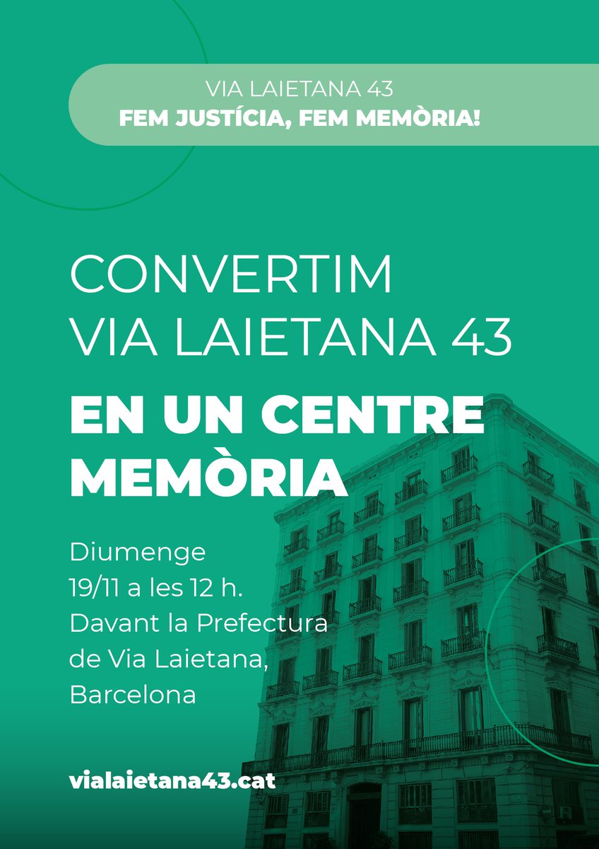 Contra la impunitat del feixisme del passat i per combatre la ultradreta d'ara. Mobilitzem-nos per exigir la reconversió de #ViaLaietana43 en un centre de memòria democràtica! 📆 Diumenge 19 de novembre 🕛 A les 12 h 📍 Davant de la Prefectura de #ViaLaietana43 de Barcelona