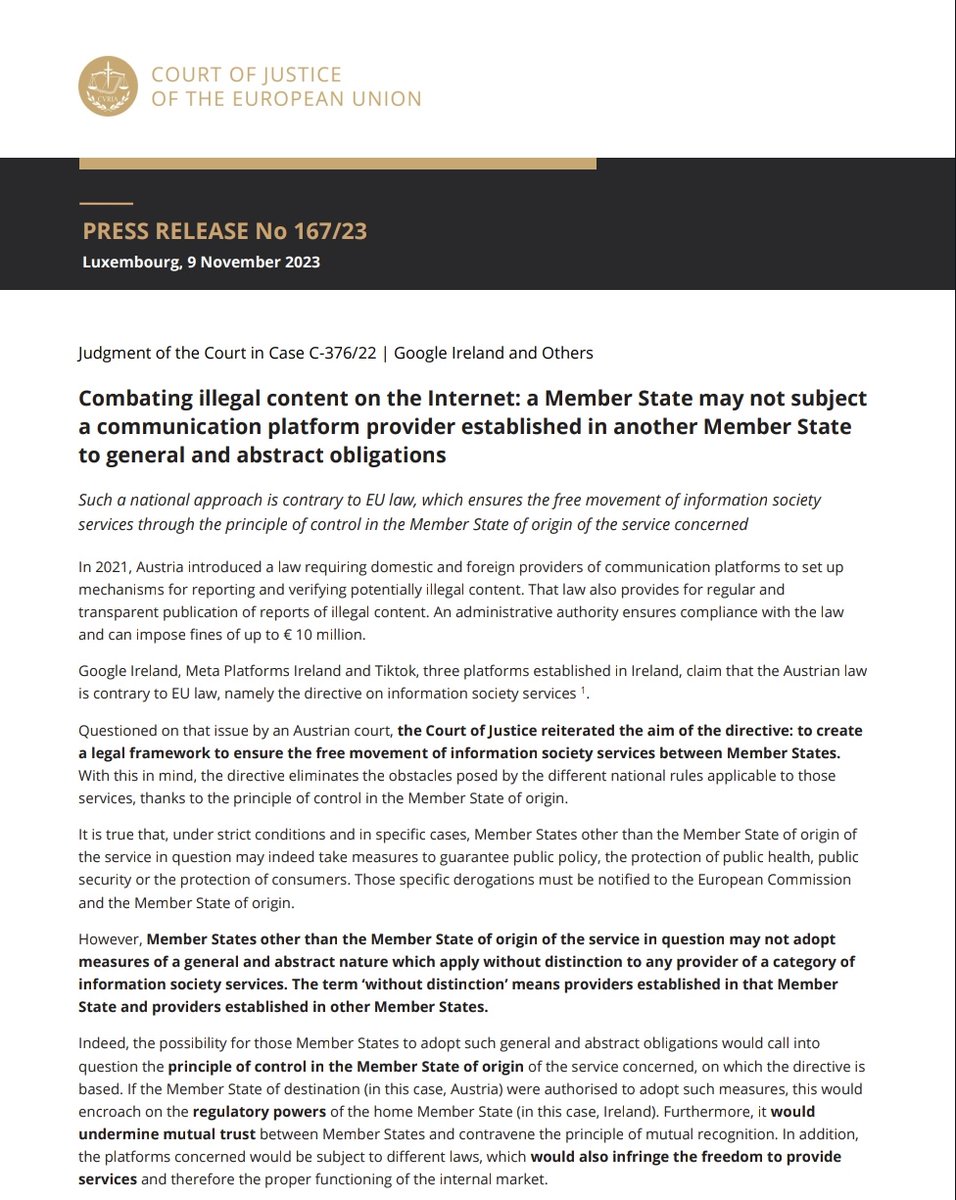 CJEU, tech regulation New judgment re Google, Meta and Tiktok: Member States cannot in principle impose additional obligations on information society services beyond those of the host State (Ireland)